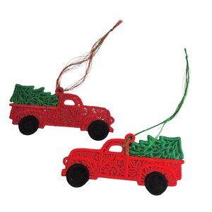 Embroidered Red Truck Christmas Ornaments Set Of 2 Handmade